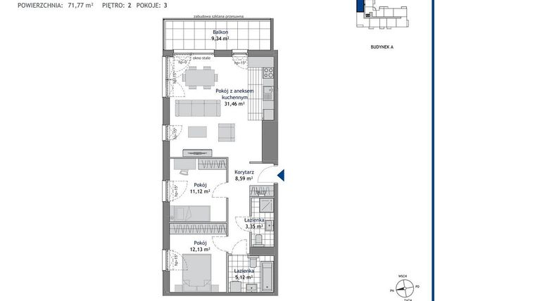 Rzut - Mieszkanie na sprzedaż 3 pokoje o powierzchni 71,77 m² - numer A.2.2 w Linea bud. A