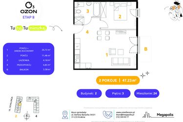 Rzut - Mieszkanie na sprzedaż 2 pokoje o powierzchni 47,23 m² - numer 2.24 w Osiedle Ozon etap VIII