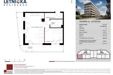 Rzut - Mieszkanie na sprzedaż 2 pokoje o powierzchni 48,59 m² - numer A.5.33 w Letnicka Residence