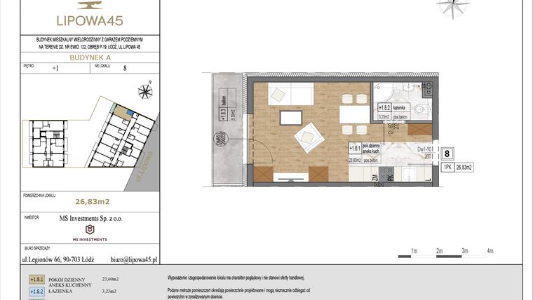 Rzut - Mieszkanie na sprzedaż 1 pokój o powierzchni 26,83 m² - numer A8 w Lipowa 45