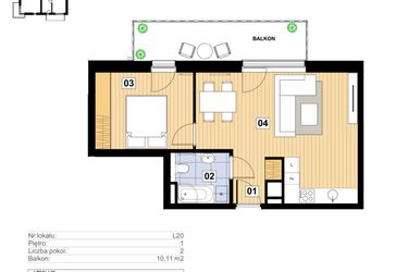 Rzut - Mieszkanie na sprzedaż 2 pokoje o powierzchni 43,04 m² - numer L-20 w Mickiewicza 21 Residence