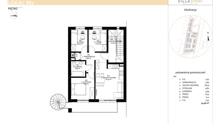 Rzut - Mieszkanie na sprzedaż 4 pokoje o powierzchni 54,96 m² - numer M2 w Villa Stoki (mieszkania)