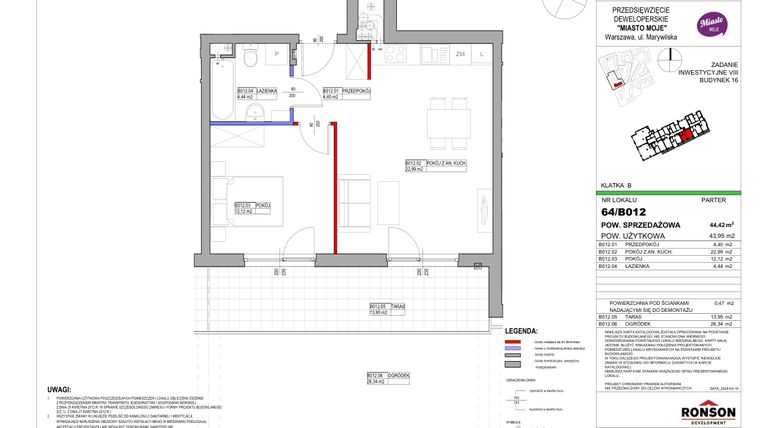 Rzut - Mieszkanie na sprzedaż 2 pokoje o powierzchni 44,42 m² - numer 16_B012 w Miasto Moje 8