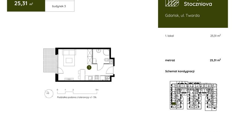 Rzut - Mieszkanie na sprzedaż 1 pokój o powierzchni 25,31 m² - numer 3.A.0.04 w Murapol Stoczniova