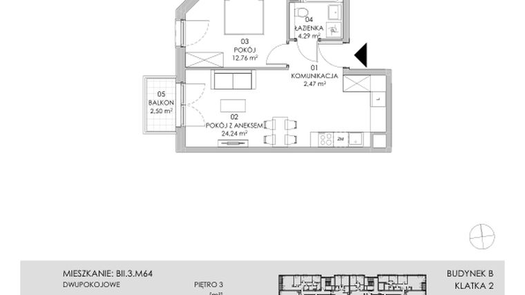 Rzut - Mieszkanie na sprzedaż 2 pokoje o powierzchni 43,76 m² - numer BII.3.M64 w Przewóz 42 ATAL II
