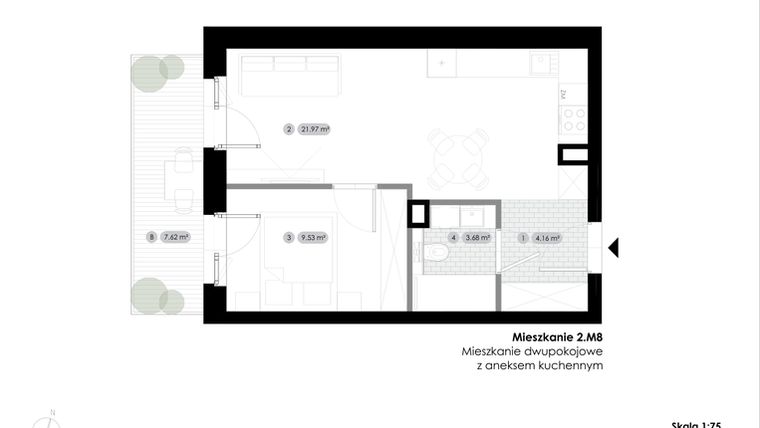 Rzut - Mieszkanie na sprzedaż 2 pokoje o powierzchni 39,34 m² - numer 2.M8 w Stalowa 76