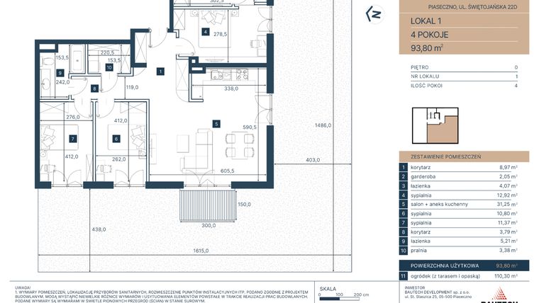 Rzut - Mieszkanie na sprzedaż 4 pokoje o powierzchni 93,8 m² - numer 1 w Classy Świętojańska