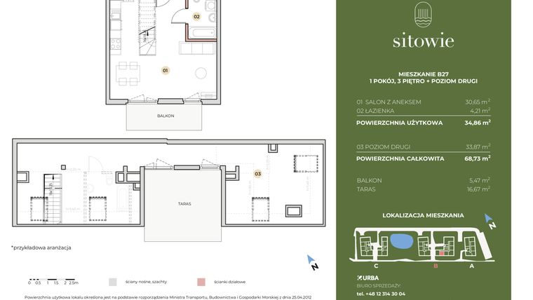 Rzut - Mieszkanie na sprzedaż 2 pokoje o powierzchni 68,73 m² - numer B27 w Sitowie