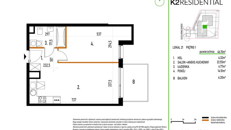 Rzut - Mieszkanie na sprzedaż 2 pokoje o powierzchni 46,15 m² - numer 21 w Kowalskiego 37