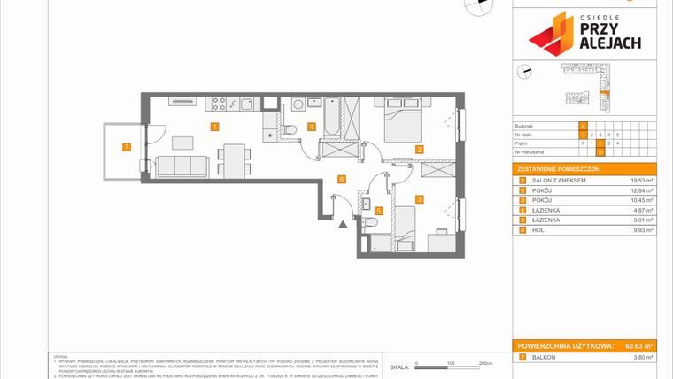Rzut - Mieszkanie na sprzedaż 3 pokoje o powierzchni 60,63 m² - numer B18 w Osiedle Przy Alejach etap 2