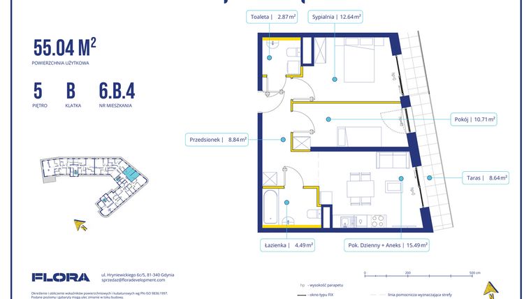 Rzut - Mieszkanie na sprzedaż 3 pokoje o powierzchni 55,04 m² - numer 6.B.4 w Piotra 4