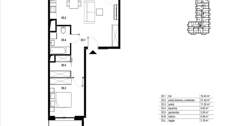 Rzut - Mieszkanie na sprzedaż 2 pokoje o powierzchni 53,35 m² - numer C3.35 w Osiedle Mozaika