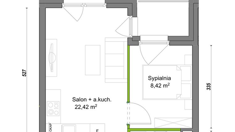 Rzut - Mieszkanie na sprzedaż 2 pokoje o powierzchni 35,7 m² - numer E1/B/12 w Orawska Vita