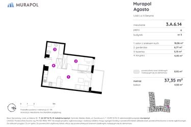 Rzut - Mieszkanie na sprzedaż 1 pokój o powierzchni 37,53 m² - numer 3.A.6.14 w Murapol Agosto