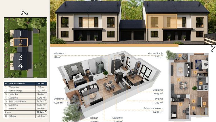 Rzut - Mieszkanie na sprzedaż 3 pokoje o powierzchni 57,94 m² - numer 2B w Zacisze Tuwima