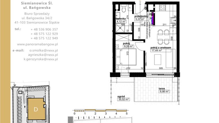 Rzut - Mieszkanie na sprzedaż 2 pokoje o powierzchni 36,21 m² - numer D.0.5 w Panorama Bańgów Etap II