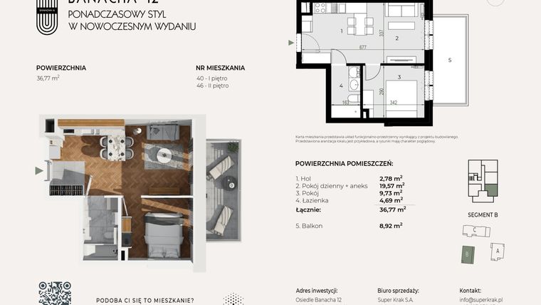 Rzut - Mieszkanie na sprzedaż 2 pokoje o powierzchni 36,77 m² - numer 40 w Banacha 12