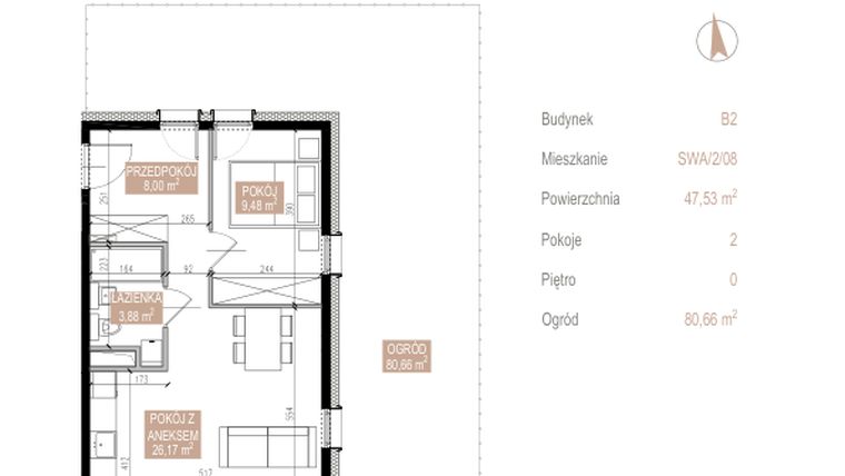 Rzut - Mieszkanie na sprzedaż 2 pokoje o powierzchni 47,53 m² - numer SWA/2/08/A w Apartamenty Świeradowska