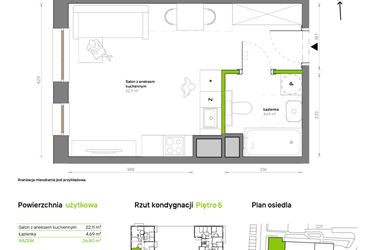 Rzut - Mieszkanie na sprzedaż 1 pokój o powierzchni 26,8 m² - numer A.5.4 w Żywiecka Vita