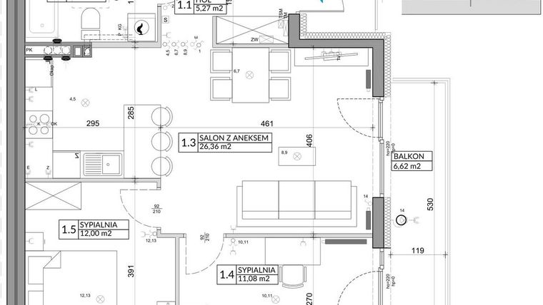 Rzut - Mieszkanie na sprzedaż 3 pokoje o powierzchni 61,85 m² - numer 44B w Osiedle Młodych etap V