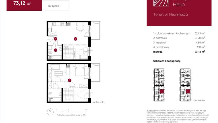 Rzut - Mieszkanie na sprzedaż 1 pokój o powierzchni 73,12 m² - numer 1.A.2.02 w Murapol Helio bud. 1 i 4