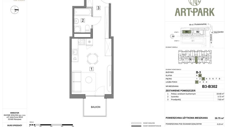 Rzut - Mieszkanie na sprzedaż 1 pokój o powierzchni 30,94 m² - numer B.3.B302 w ArtPark