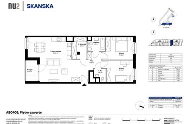 Rzut - Mieszkanie na sprzedaż 3 pokoje o powierzchni 76,07 m² - numer AB0405 w NU2 Warszawa Wola