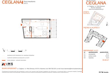 Rzut - Mieszkanie na sprzedaż 1 pokój o powierzchni 33,27 m² - numer A.4.3 w Rondo Ceglana etap II