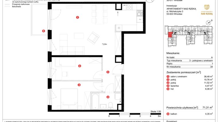 Rzut - Mieszkanie na sprzedaż 3 pokoje o powierzchni 71,31 m² - numer 34 w Apartamenty nad Rzeką