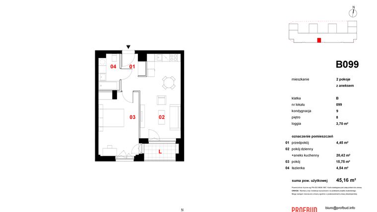 Rzut - Mieszkanie na sprzedaż 2 pokoje o powierzchni 45,16 m² - numer B099 w Osiedle Primo