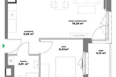 Rzut - Mieszkanie na sprzedaż 2 pokoje o powierzchni 37,44 m² - numer B1-8 w Forma Otwarta etap II