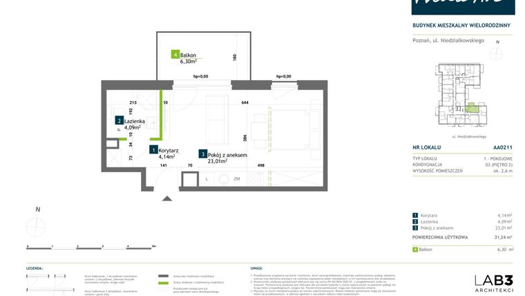 Rzut - Mieszkanie na sprzedaż 1 pokój o powierzchni 31,28 m² - numer AA0211 w Vilda Arte
