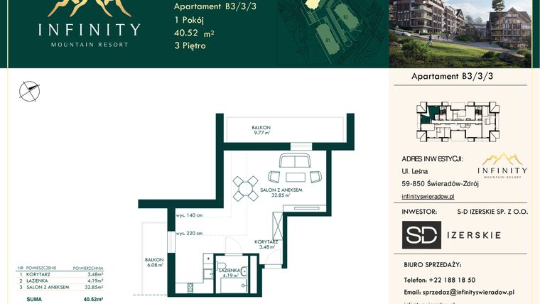 Rzut - Mieszkanie na sprzedaż 1 pokój o powierzchni 40,52 m² - numer B3.3.3 w Infinity Mountain Resort