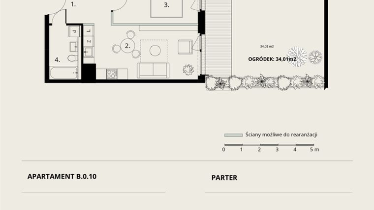 Rzut - Mieszkanie na sprzedaż 2 pokoje o powierzchni 43,81 m² - numer B/0/10 w Ogrodowa 12