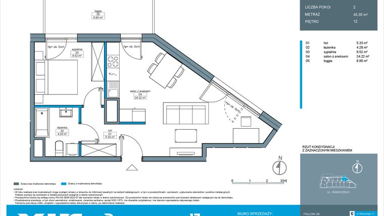 Rzut - Mieszkanie na sprzedaż 2 pokoje o powierzchni 43,35 m² - numer A.12.3 w Rakoczego 17