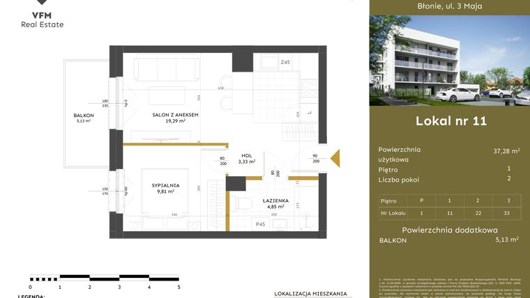 Rzut - Mieszkanie na sprzedaż 2 pokoje o powierzchni 37,28 m² - numer 11 w Apartamenty 3 Maja