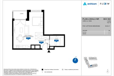 Rzut - Mieszkanie na sprzedaż 1 pokój o powierzchni 38,42 m² - numer B23 302 w Flow - bud. B2 A i bud. B2 B