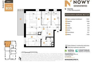 Rzut - Mieszkanie na sprzedaż 4 pokoje o powierzchni 68,11 m² - numer 35 w Nowy Sosnowiec