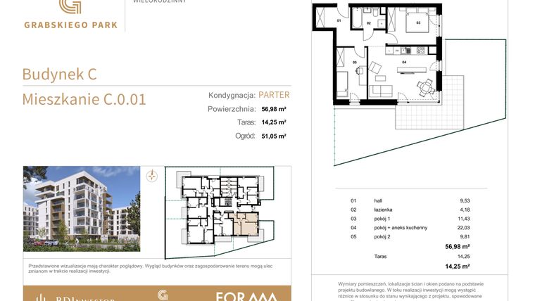 Rzut - Mieszkanie na sprzedaż 3 pokoje o powierzchni 56,98 m² - numer C.0.01 w Grabskiego Park