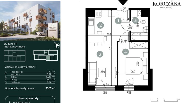 Rzut - Mieszkanie na sprzedaż 2 pokoje o powierzchni 33,87 m² - numer P.III.04 w Korczaka Apartamenty