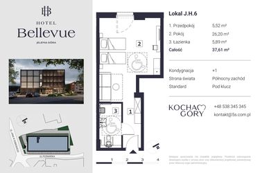 Rzut - Mieszkanie na sprzedaż 1 pokój o powierzchni 37,61 m² - numer 6 w Hotel Bellevue