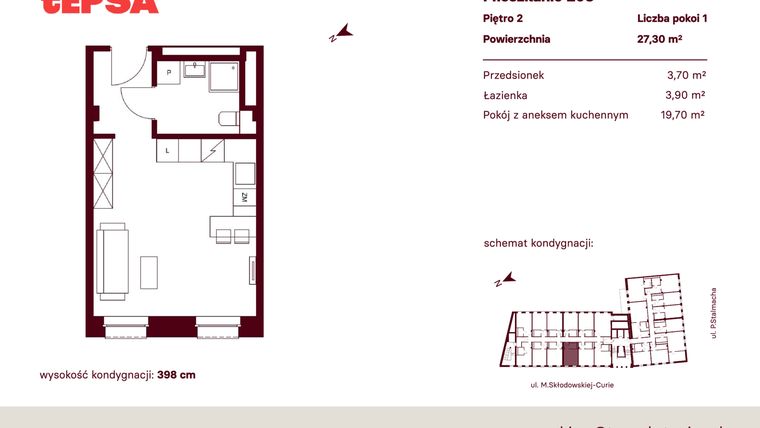 Rzut - Mieszkanie na sprzedaż 1 pokój o powierzchni 27,3 m² - numer M203 w Tepsa Kato