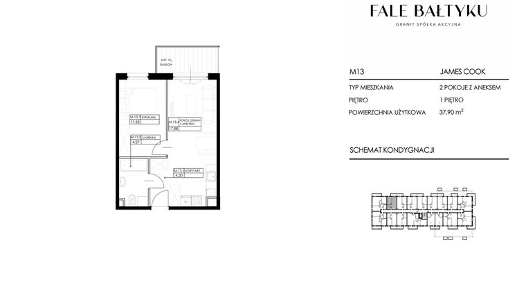 Rzut - Mieszkanie na sprzedaż 2 pokoje o powierzchni 37,9 m² - numer FBJC-M13 w Fale Bałtyku Cook