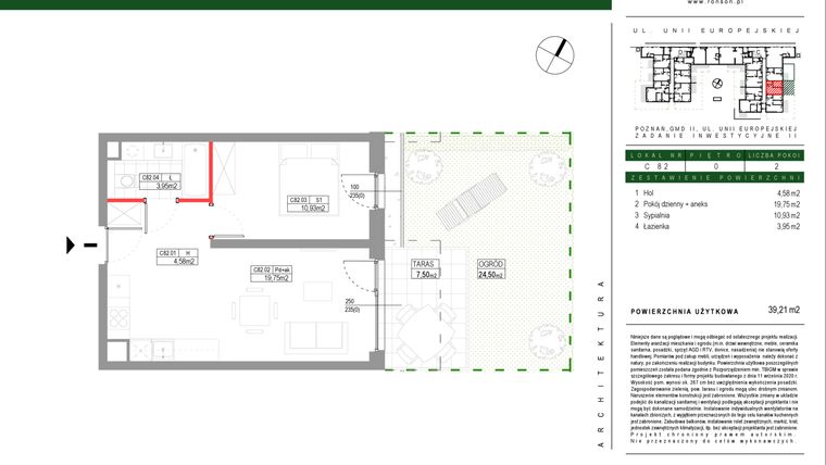 Rzut - Mieszkanie na sprzedaż 2 pokoje o powierzchni 39,21 m² - numer C082 w Grunwald Między Drzewami etap III