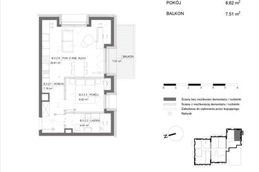 Rzut - Mieszkanie na sprzedaż 2 pokoje o powierzchni 42,1 m² - numer B.3.2 w Polanka 21