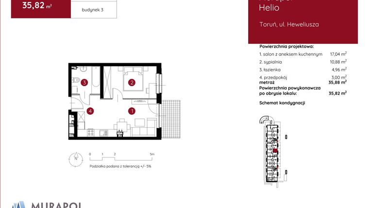 Rzut - Mieszkanie na sprzedaż 2 pokoje o powierzchni 35,82 m² - numer 3.B.0.03 w Murapol Helio