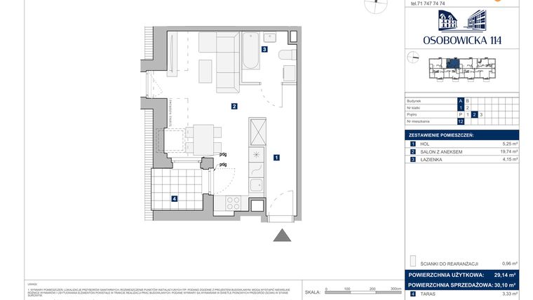 Rzut - Mieszkanie na sprzedaż 1 pokój o powierzchni 30,1 m² - numer A.12 w Osobowicka 114