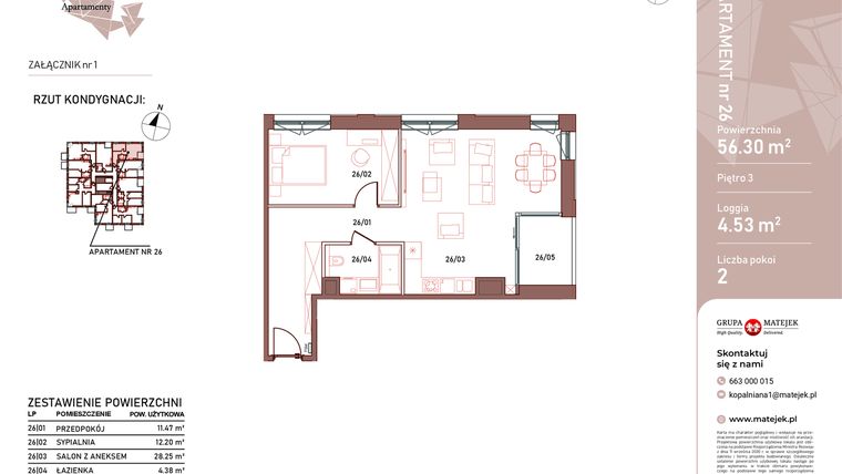 Rzut - Mieszkanie na sprzedaż 2 pokoje o powierzchni 56,3 m² - numer 26 w Kopalniana