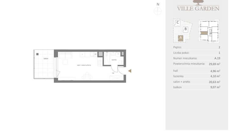 Rzut - Mieszkanie na sprzedaż 1 pokój o powierzchni 29,69 m² - numer A.19 w Ville Garden