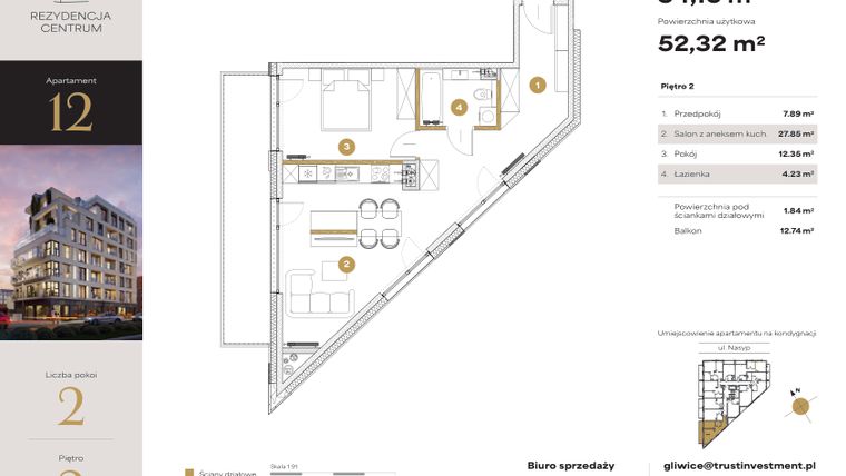 Rzut - Mieszkanie na sprzedaż 2 pokoje o powierzchni 54,16 m² - numer 12 w Rezydencja Centrum